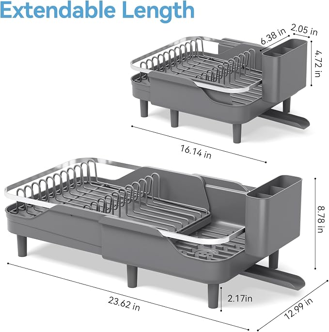 Urackify Expandable Dish Drying Rack for Kitchen Counter,16.2-23.7in,Grey | Adjustable Capacity, Countertop-Stay-Dry Drainboard, Heavy-Duty Steel, Stable Plate Rack, Spave Saving for Apartment,RV,Dorms