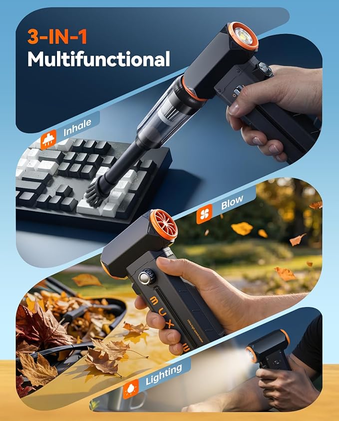 MUXNW 130000RPM 2-in-1 Blower & Vacuum Electric Air Duster | 2-in-1 blow&vac washable filter overclock130kRPM 100-speed digital display LED light nozzle&filter 8000mAh PC/car/home