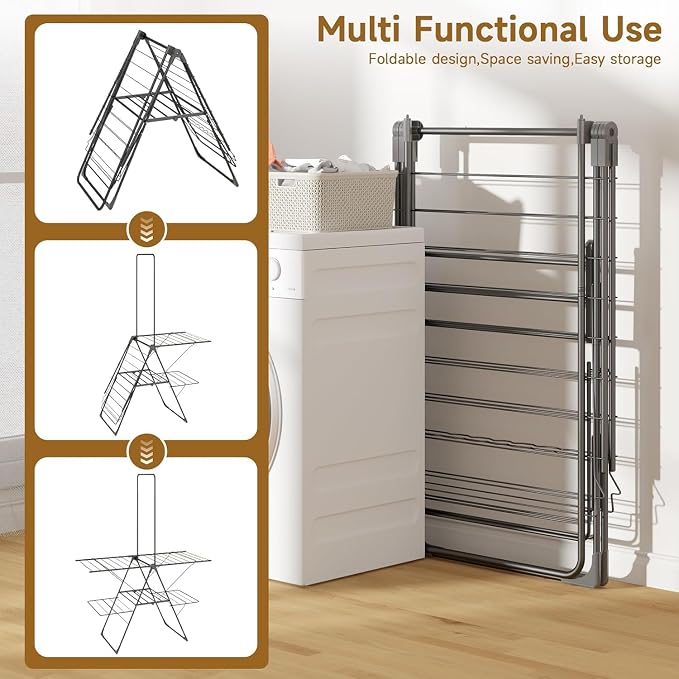 Bigzzia Clothes Drying Rack Foldable, 3-Level Large Laundry Drying Rack Collapsible, Stainless Steel Drying Rack Clothing for Indoor Outdoor, Easy to Fold, Drying Rails 68.9" H, Gray