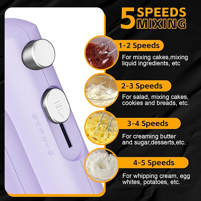 Lord Eagle 5-Speed Hand Mixer Electric, 300W Compact Handheld Mixer, Portable Kitchen Egg Beater with 5 Attachments & Storage Bag, Cake Supplies for Bread Dough Baking, Lightweight, Purple