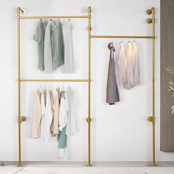 Industrial Pipe Clothing Rack Wall Mounted Clothing Racks 3 Shelves Clothes Organizer with 3 Hanging Rods, Garment Rack for Homes, Laundry Room, Hotels (Gold)