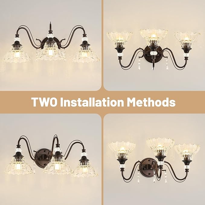 Vintage Bathroom Vanity Light, 3-Light Oil Rubbed Bronze Finish Wall Sconce with Hanging Crystal Accents and Flower-Shaped Clear Glass Shades, Retro Wall Mount Vanity Light Over Mirror for Bathroom