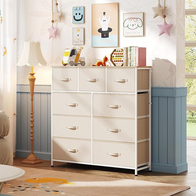 WLIVE 9 Drawer Dresser, Fabric Storage Tower for Bedroom, Hallway, Closet, Tall Chest Organizer Unit for Bedroom with Fabric Bins, Steel Frame, Wood Top, Easy Pull Handle, Cream White