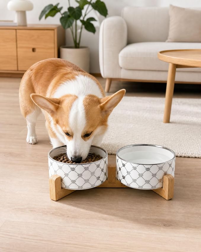 TRUVIC Ceramic Dog Bowl Set of 2 with Wood Stand, Silver Claw Pattern Dog Food and Water Bowl Set, 3.5 Cup/28 oz Puppy Food Bowls for Medium Dogs, Dishwasher Safe