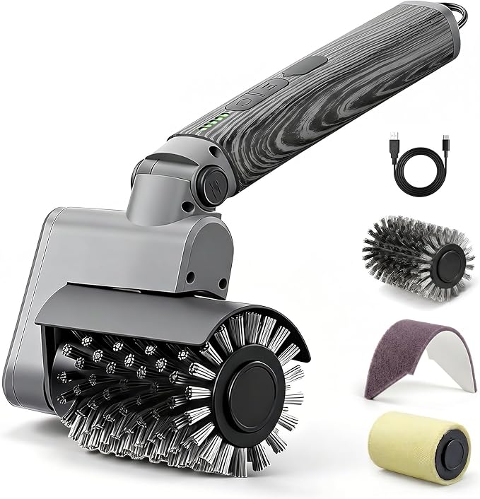 Electric Grill Brush 3-in-1 Kit – Cordless BBQ Cleaner with Reinforced Safe Metal Bristles – 2 Hours Runtime, Waterproof & Dishwasher Safe Removable Brushes for Deep Cleaning (Black Wood Coating)