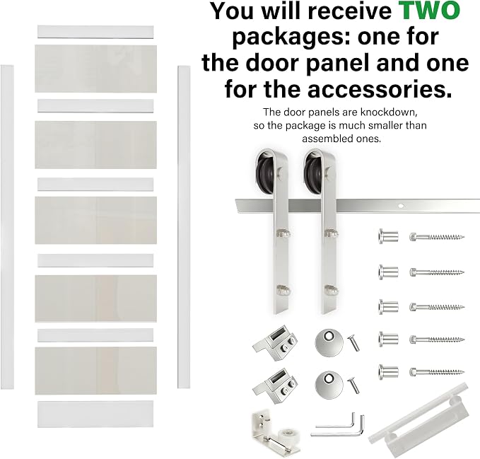 42" x 84" 5-Lites Glass Sliding Barn Door and 7FT Brushed Nickel Hardware Kit, Sturdy & Stable Mortise and Tenon Structure, Water Resistant Barn Doors for Bathroom, Pre-Drilled, Assembly Required