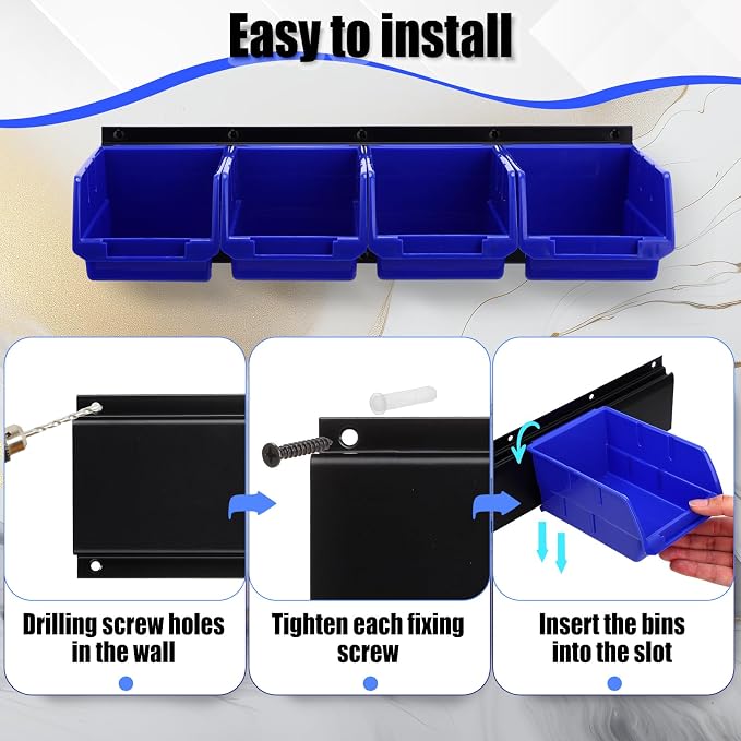 Maitys Wall Mounted Storage Bins Plastic Hanging Stackable Storage Parts Garage Tool Organizer for Screws, Nuts, Bolts, Nails, and Small Hardware Parts, 16x Bins & 4 x Rails(Blue)