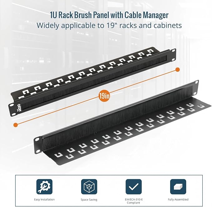 1U 2 Pack Brush Panel, Brush Strip Plate for Cable Entry&Management, Server Rack Cable Organizer with Tidy Brush for 19in Network Rack/Server Rack/Cabinet Enclosure, Black
