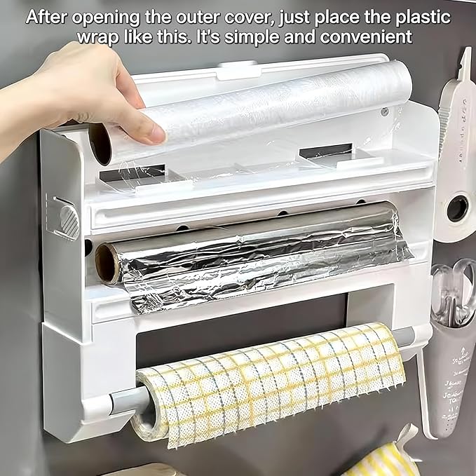 6-in-1 Wall Mounted Plastic Wrap&Foil Dispenser with Cutter–PP Kitchen Organizer w/Paper Towel, Tape, Bag&Small Tray, No Drill/Screw Mount White-Aluminum Foil Rack Organizer&Organizer Foil Cling Wrap