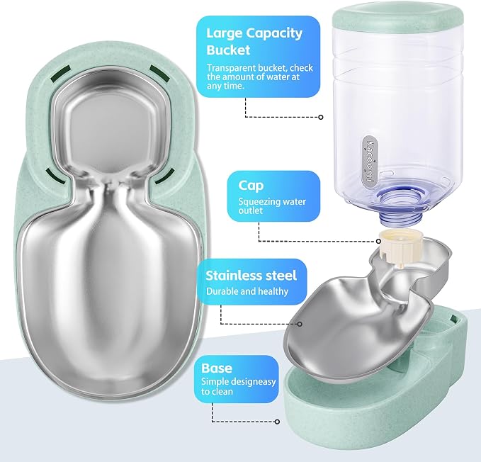 Automatic Cat Feeder and Water Dispenser with Stainless Steel Bowl Gravity Food Feeder and Waterer Set for Small Medium Dog Puppy Kitten 1 Gallon x 2(Green)