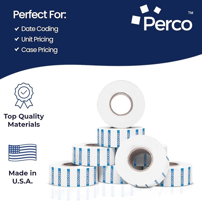 Perco 1 Line Blue Reverse Print on White Grocery Labels—32,000 Labels for Perco Lite, X, Plus & Pro Guns—with Tamper-Proof Design for Supermarkets, Corner Stores and More—32 Rolls, 4 Sleeves—USA Made