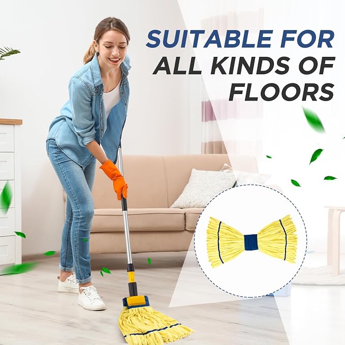 Hushee 6 Pack Large Microfiber Tube Mop Heads 18 oz Heavy Duty Commercial Industrial Wet Mop Head Refill Reusable Machine Washable Looped End Mopheads for Hardwood, Tile, Laminate Floors (Yellow)