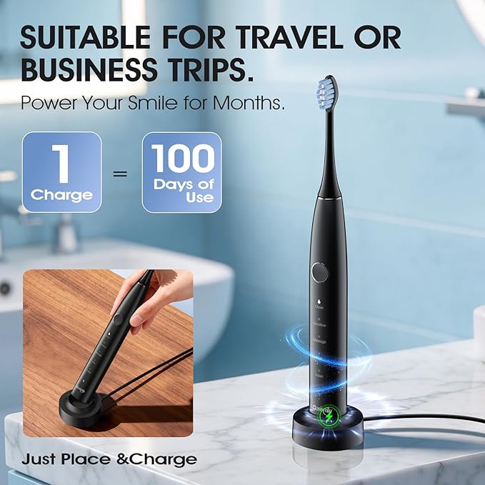 OasiSmile Sonic Electric Toothbrush, 42000 VPM Toothbrush with 6 Brush Heads & Travel Case, 5 Modes with 2 Minutes Built in Smart Timer, Wireless Charging, 100-Day Battery Life for Home Travel