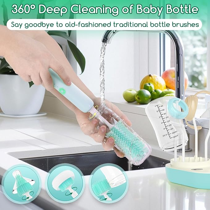 Electric Bottle Brush Cleaner,Wireless Charging Electric Baby Bottle Brush Cleaner,Nipple/Straw/Bottleneck Brush,Food Thermometer,Formula Mixer-IPX7 Waterproof,Travel Bottle Cleaner Kit for Newborn