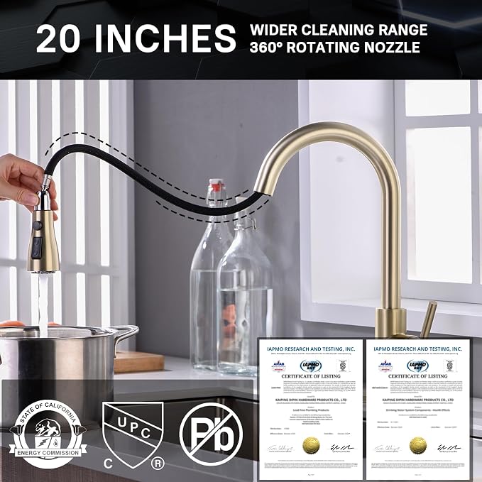 WEWE Gold Kitchen Faucet with Pull Down Sprayer, Single Handle Brushed Gold Kitchen Sink Faucets Stainless Steel Brass Copper Commercial RV 1 or 3 Hole, Champagne Bronze