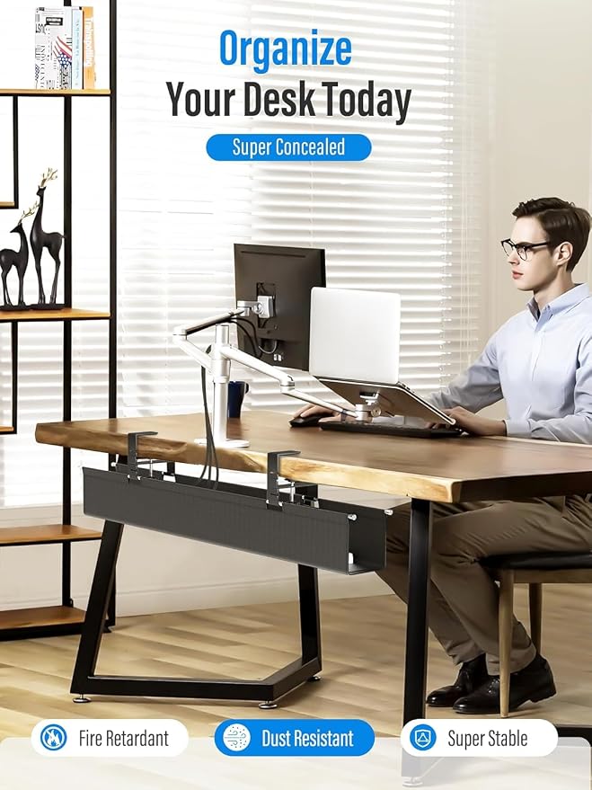 [Upgraded] Large Under Desk Cable Management Tray, Cinati Cable Management Under Desk No Drill, 49.2" Fabric Cord Hider for Wire Organizer, Cord Organizer for Office, Home - Supports Up to 30lbs Black