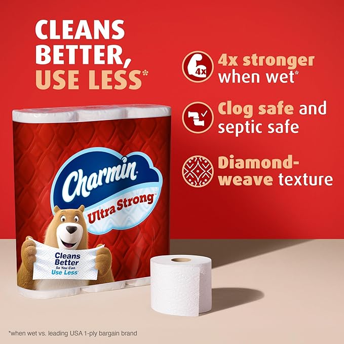 Charmin Ultra Strong Toilet Paper Mega Rolls, 4" x 3-15/16", White, 220 Sheets Per Roll, Pack Of 18 Mega Rolls