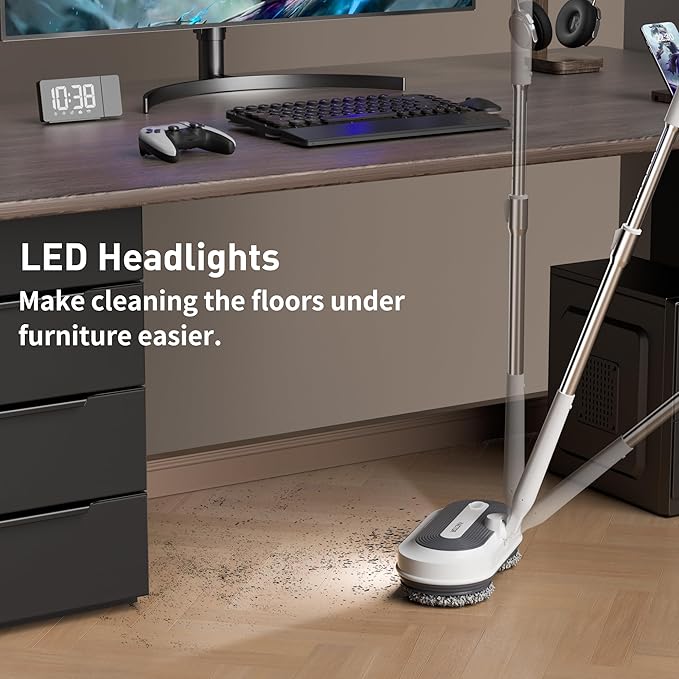 Cordless Electric Spin Mop with Spray and LED Headlight | Self-propelled dual-spin cleaning, 30-50 min runtime, 290 ml spray tank and 6 washable pads for sealed hard floors