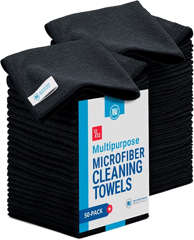 Microfiber Wholesale 12" x 12" Cleaning Cloths (50 Pack) Reusable Towels, Wash Rags, Dust Cloth, All-Purpose: Kitchen, Dish, Cars, Shop, Glass (Black)