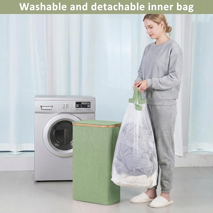 iEGrow 65L Slim Laundry Hamper, Narrow Laundry Basket with Lid,Foldable Clothes Hamper with Bamboo Frame,Hamper Basket with Removable Inner Bag for Laundry Room Bedroom College Dorm,17.17 Gals Green