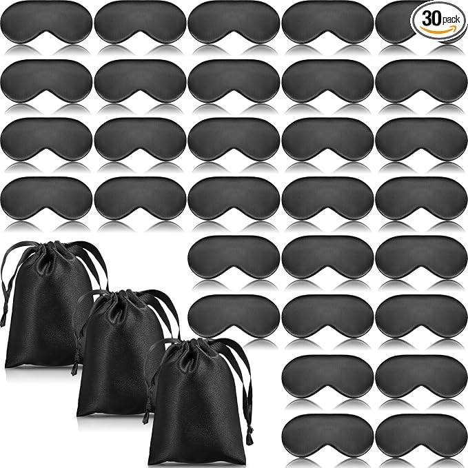 Xtinmee 30 Pieces Silk Sleep Mask Silk Eye Mask with Adjustable Strap Eye Cover for Sleeping Blindfold for Women Men Travel Rest(Black)