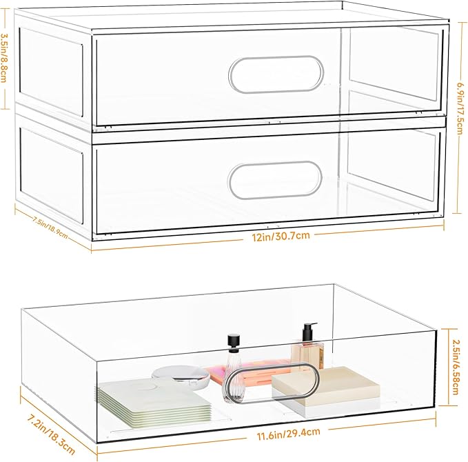 Clear Stackable Makeup Organizer with Drawer, 12''W Acrylic Storage Drawers, Cosmetic Display Case for Vanity Bathroom Countertop, Beauty Holder for Lipstick Brush Skincare Perfume (3 Tier)