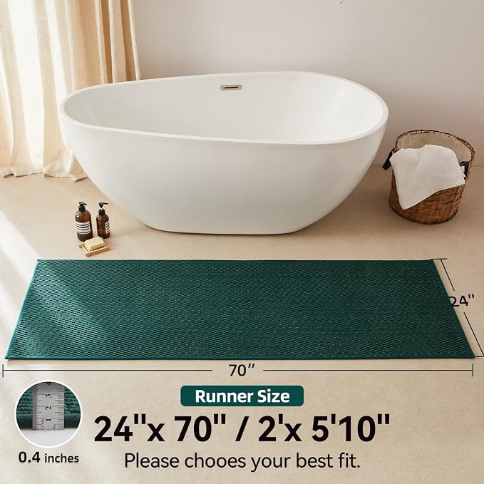 Triohero Bathroom Runner Rugs, Long Bath Mat Runner Washable Thin Quick Dry Low Pile Bathroom Runner Rugs Non Slip, Dark Green 24"x70"