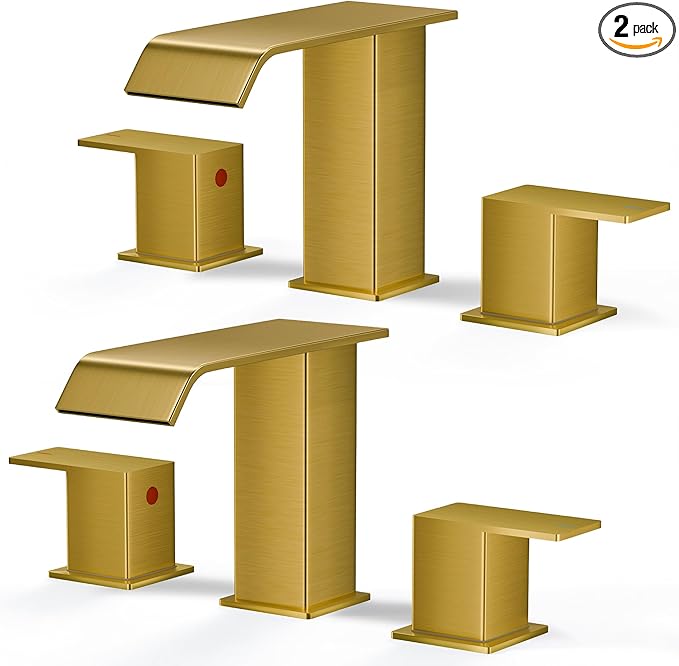 FORIOUS Brushed Gold Bathroom Sink Faucets 3 Hole Widespread, 2 Handles Bathroom Faucet with Pop-up Drain and Flexible Hot and Cold Water Hoses, Suitable for Vanity RV Restroom, 2 Pack