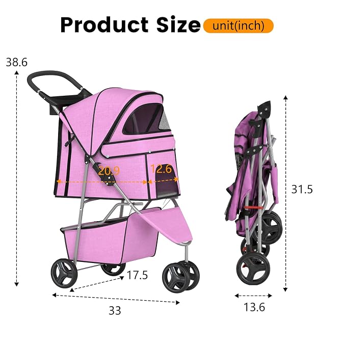 BestPet 3 Wheels Pet Dog Stroller Cat Cage for Medium Small Dogs Cats Travel Folding Carrier Waterproof Puppy Stroller with Cup Holder & Removable Liner,Pink