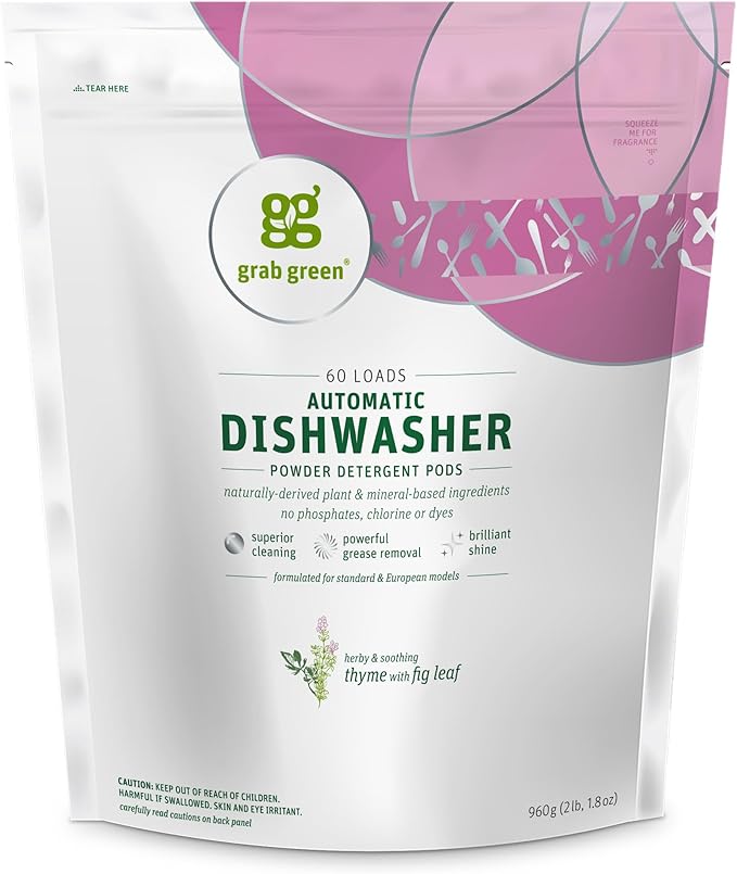 Grab Green Dishwasher Pods, 60 Count, Thyme with Fig Leaf | Plant & mineral based; Enzyme-powered; Velcro Closure; No Harsh Chemicals; Removes Grease and Stuck on Food