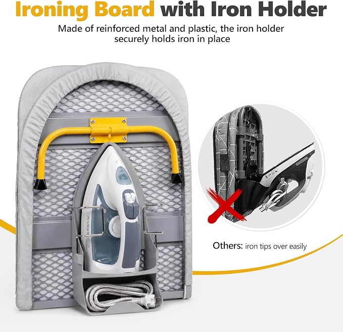 Foldable Tabletop Iron Board with Iron Holder for Home Travel, Gray | Portable Folding Ironing Board with Heat Resistant Cover & Non-Slip Feet, Small Ironing Board with Wall Mount, Space Saving