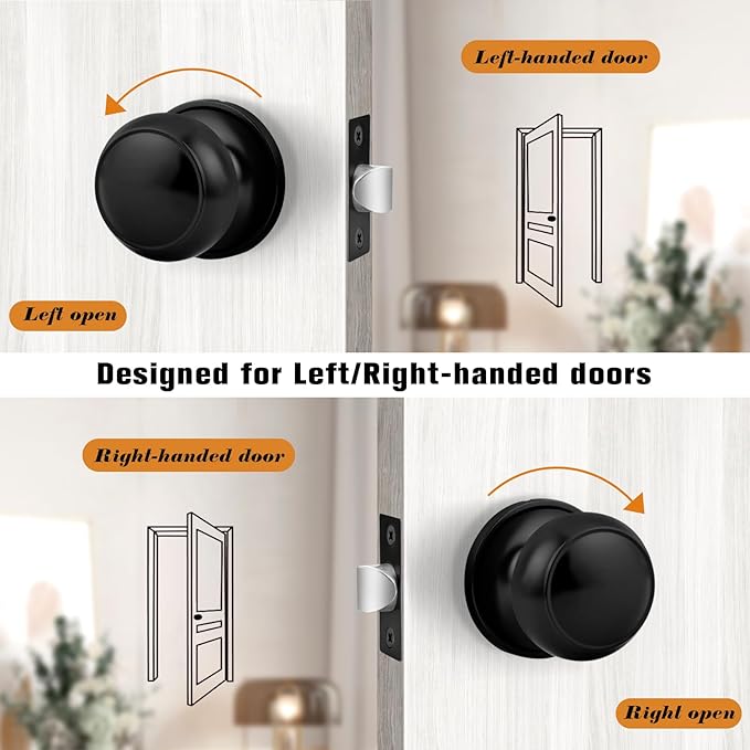 Probrico Black Door Knobs, Keyless Flat Ball Interior Door Knobs for Hallway Closet, Matte Black Passage Door Knob, 10 Pack