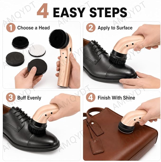 Handheld Electric Shoe Polisher, Rechargeable Shoe Shine Kit with 6 Brush Heads, Ergonomic Grip and Compact Storage Base for Cleaning and Polishing Leather Shoes, Bags, Boots and Upholstery