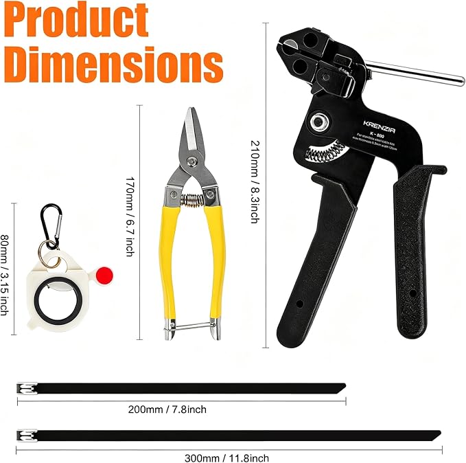 Stainless Steel Cable Tie Gun Kit：With 300pcs Uv Resistant Black Metal Zip Ties Heavy Duty Outdoor (150 Each of 8, 12 Inch) Adjustable Fastening Cutting Tie Tool Sets，for Chainlink Fence，Exhaust Wrap