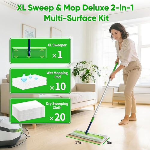 1.5X Wider XL Mop Set - 1 Long-Handle Mop, 10 Wet Pads & 20 Dry Pads, 360° Rotating Head, Fast Cleaning for Hardwood, Tile, Laminate Floors