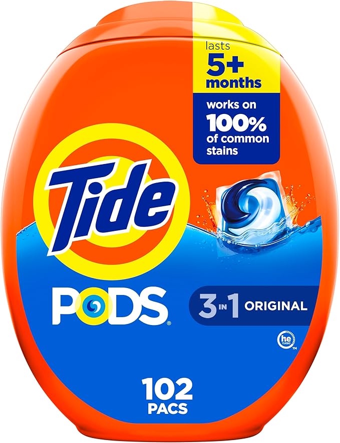 Tide PODS laundry detergent pacs, 3-in-1 Stain Remover, Odor Fighter, Color Protector, 102 Count, HE compatible, Original Scent