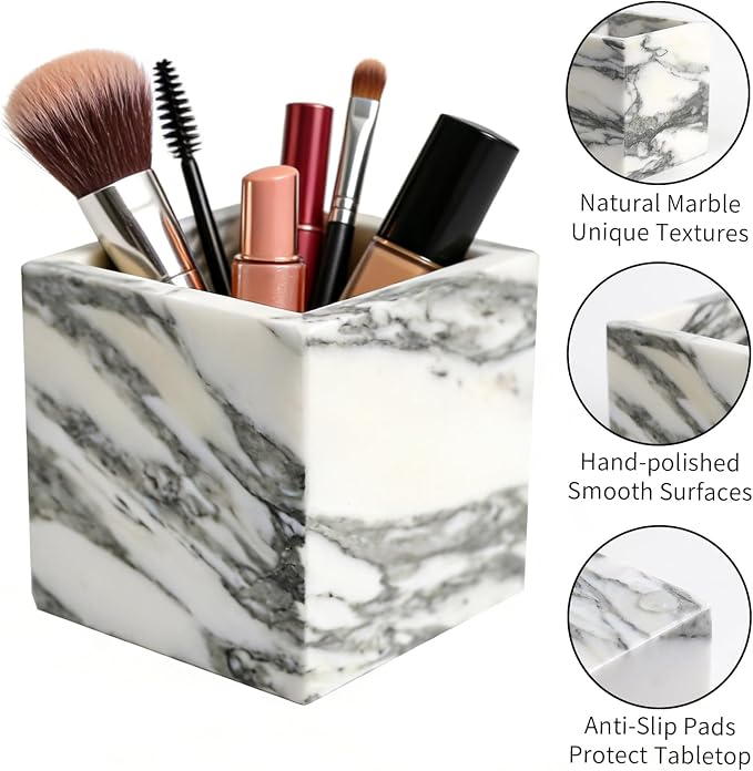 Natural Marble Makeup Brush Holder for Vanity, Toothbrush Holder for Bathroom, Luxurious Countertop Organizer, Arabescato White Bathroom Accessories