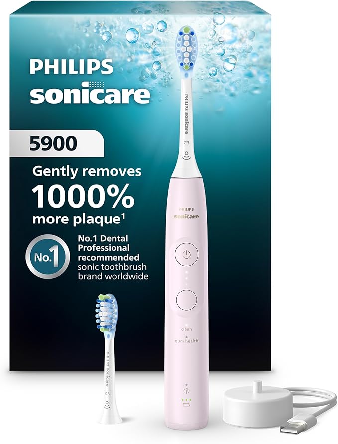 Philips Sonicare 5900 Series Electric Toothbrush, Pressure Sensor, 6 Brushing Settings, SmarTimer, BrushPacer, 21-day Runtime, Gentle Professional-Clean Feel, for Sensitive Gums, Light Pink, HX7132/02