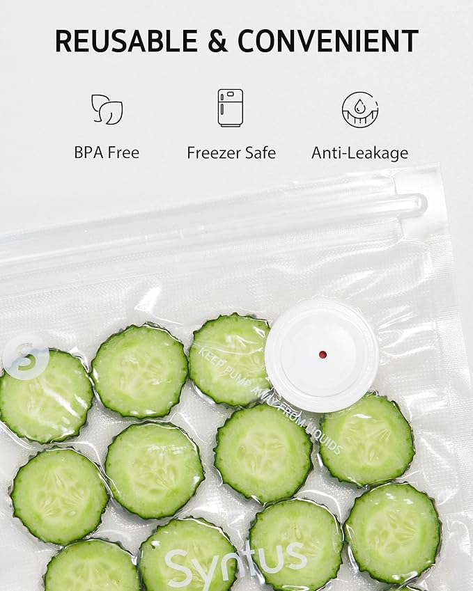Syntus Compact Vacuum Sealer for Food with 30 Reusable Vacuum Seal Bags Set | 60kPa Suction Power, USB-C Charging Cable, Liquid-lock Tank, Upgraded Air Valve, Handheld Vacuum Pump