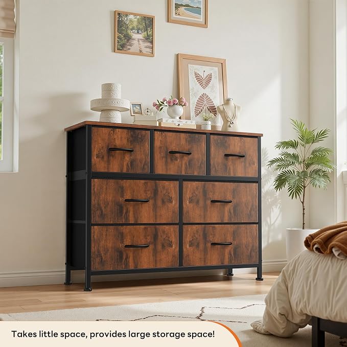 Sweetcrispy 7 Drawer Dresser with Fabric Bins Fabric Storage Tower Organizer for Bedroom Closet Hallway Entryway Tall Chest of Drawers with Steel Frame Wood Top Easy Pull Handles,Rustic Brown