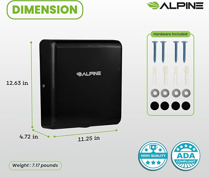 Alpine Hand Dryers for Bathrooms Commercial Extreme Speed Automatic Electric Hand Dryer for Home Bathroom/Restaurant with HEPA Filter, Heat & Speed Control - ADA Compliant (120v Black)