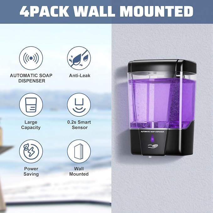 4 Pack Automatic Soap Dispenser Wall Mount,Touchless Liquid Soap Dispenser,Battery Operated,600 ml / 20 oz Commercial Hand Detergent Dispenser for Office Home Kitchen School Bathroom Hotel Restaurant