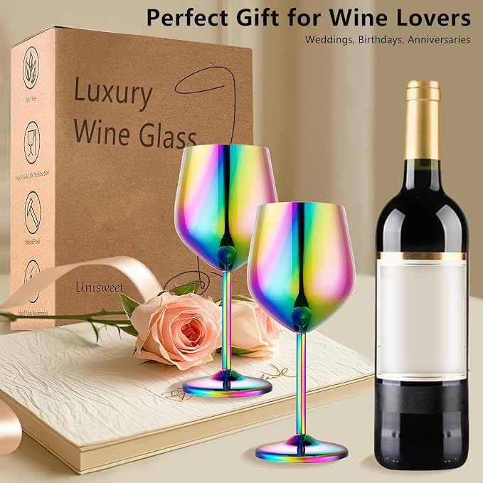 UNISWEET Unbreakable Stainless Steel Wine Glasses Set of 4, Colorful | 17oz Unique Fancy Metal Wine Goblets, Shatterproof, Ideal for Outdoor, Camping, Travel, Pool, Great Gift for Wine Lovers