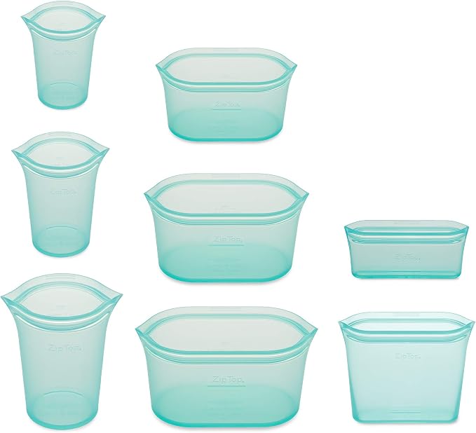 Zip Top Reusable Food Storage Containers Full Set of 8 Teal – Platinum Silicone Cups, Dishes & Bags – Microwave, Dishwasher & Freezer Safe – Made in USA, BPA-Free