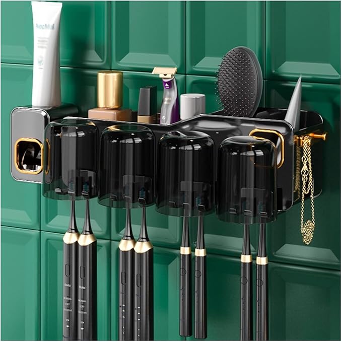 Toothbrush Rack 2PCS Wall Mounted Bathroom Toothbrush Holder for Makeup, Shaver Storage Rack, with Mouthwash Cup, Toothpaste Squeezer Kit Bathroom Toothbrush Holder(A)