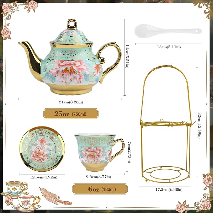 20 Pcs Porcelain Tea Set with Metal Holder and Spoon, European Ceramic Tea Set for Adults, European Flower Painting Teapot Cup Saucer Spoon Set for 6, Gift Pack
