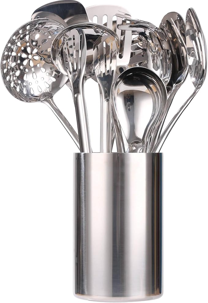 18/10 Stainless Steel Kitchen Utensils Set with Holder for Countertop | 15″ Spatula Spoon Set with Storage Organizer, 12-Pieces, Fork, Tongs, Spatula, Ladle, Skimmer, Turner, Spaghetti, Large Spoon