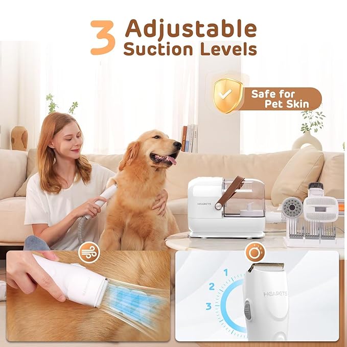HEAPETS Dog Grooming Vacuum Kit - 3L Vacuum with 7 Tools, Low Noise Electric Clipper and Brush for Pet Shedding at Home, White