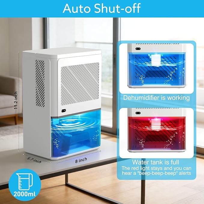 Dehumidifier 58W Compact Quiet Effective Double Cores for Home. 68OZ Water Tank, Sleep Mode, Auto Shut-Off, Delay-Off Timer, Night Light, for Bathroom Bedroom RV Camper Closet or any Small Space