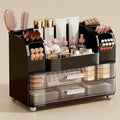 UFORU Makeup Organizer for Vanity with 2 Large Drawers, Cosmetic Display Case with Brush Holders, Easy to Storage for Bathroom Countertop Skincare, Perfume, Black